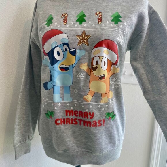 BLUEY & CHILLY HELLER UGLY CHRISTMAS SWEATSHIRT SZ S KIDS L GRAY CARTOON KAWAII - Picture 10 of 16